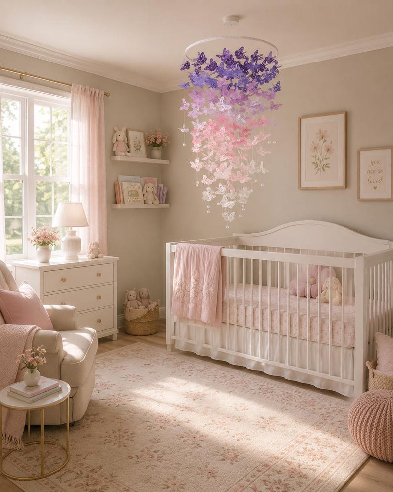 Schmetterlingsmobile in voller Größe/Schmetterlings-Babybettmobile/Lila/Rosa Schmetterlinge/Mädchenzimmer/Babyparty/Kinderzimmerdeko/Kinderzimmermobile/Babyzimmer. Bild 10