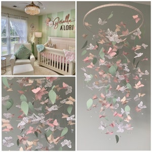 MINT sage green leaves/pink/white/Butterfly mobile/pink butterflies/Crib Mobile/Nursery Decor/Baby shower/Girl room/Nursery mobile/gift