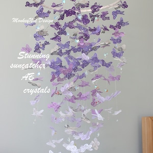 Móvil de mariposa de cristal/Móvil de mariposa monarca/Degradado morado/Mariposas/Habitación infantil/Baby shower/Móvil de mariposa para cuna/Decoración de guardería/Regalo