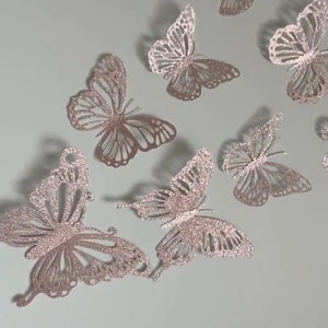 Grands papillons muraux scintillants en or rose pâle/12 pièces/3D/décoration de chambre de bébé/papillons/autocollants de papillons/chambre de fille/mobile/cadeau de baby shower