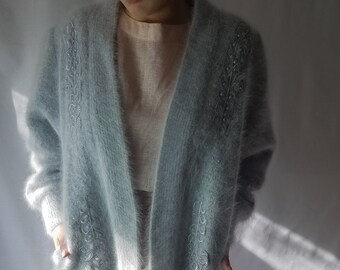 VTG 80's/Cardigan/Open Front/Pearl Embellishment/Lace/Rabbit Angora/Strong Shoulder/Puffed Sleeve/Draped/Silver/Textured/Sweater Coat/S/M/L