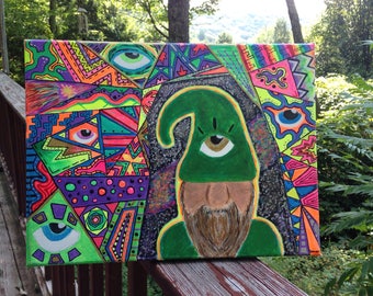 Gnome, Psychedelic Acrylic Art, Blacklight Reactive Painting