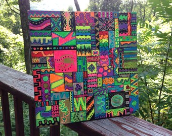 Psychedelic Neon Patchwork, Acrylic On Canvas