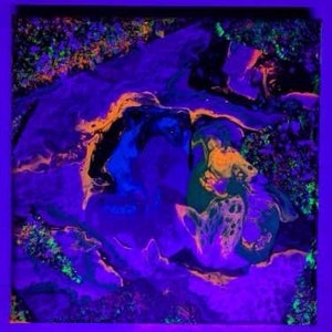 May include: Abstract painting with swirling patterns in shades of purple, blue, orange, and green. The painting has a vibrant, almost neon-like quality.