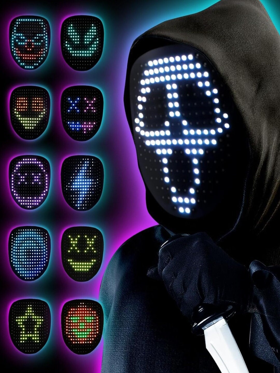 Masque facial à Led Programmable WIFI pour adultes, masque lumineux avec  vidéo LED, cadeau pour fête Cosplay d'halloween