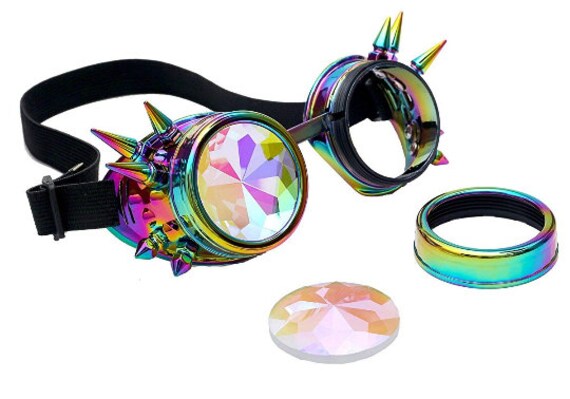 ZAIQUN Spiked caleidoscopio Steampunk rave occhiali con lenti arcobaleno Cosplay Blue Black 