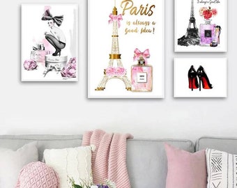 Beauty prints, Paris print, fashion poster, Eiffel tower print, girlie illustrations, wall art, Nordic poster, shoes, makeup, Flowers,