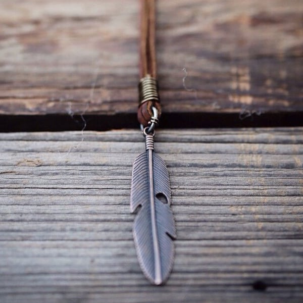 Authentic Wire Wrapped Feather Necklace with Genuine Leather Band
