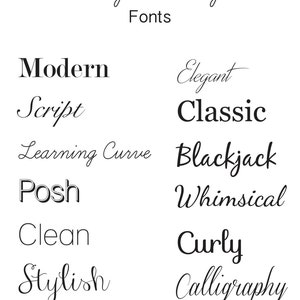 Puede incluir: Una lista de estilos de fuente, que incluyen Modern, Script, Learning Curve, Posh, Clean, Stylish, Elegant, Classic, Blackjack, Whimsical, Curly y Calligraphy. El texto "Hourglass Design Fonts" est&aacute; en la parte superior de la imagen.