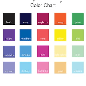 Puede incluir: Carta de colores con 20 muestras de color diferentes. Los colores son: negro, azul marino, frambuesa, naranja, verde, morado, azul real, coral, amarillo, lima, periwinkle, carolina, rosa, amarillo claro, menta, lavanda, azul cielo, rosa claro, oro y espuma de mar.
