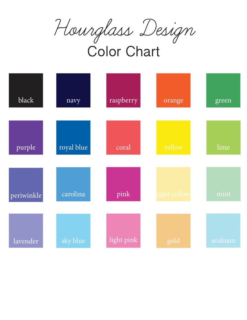 Puede incluir: Carta de colores con 20 muestras de color diferentes. Los colores son: negro, azul marino, frambuesa, naranja, verde, morado, azul real, coral, amarillo, lima, periwinkle, carolina, rosa, amarillo claro, menta, lavanda, azul cielo, rosa claro, oro y espuma de mar.