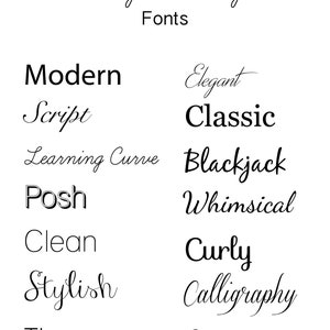 Op de afbeelding: Een lijst met verschillende lettertypen, waaronder Modern, Script, Learning Curve, Posh, Clean, Stylish, Thin, Elegant, Classic, Blackjack, Whimsical, Curly, Calligraphy en Cursive. De tekst "Hourglass Design Fonts" staat bovenaan de afbeelding.