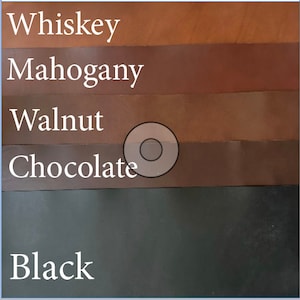 Op de afbeelding: Lederstalen in vijf tinten: Whiskey, Mahonie, Walnoot, Chocolade en Zwart.