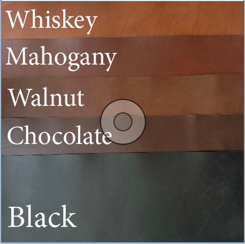 Op de afbeelding: Lederstalen in vijf tinten: Whiskey, Mahonie, Walnoot, Chocolade en Zwart.