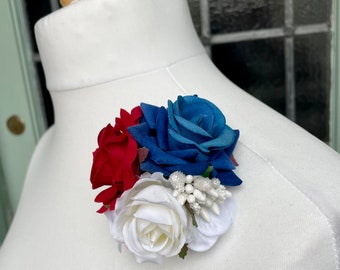 Miss Bella’s Blooms Red White Blue Rose Hair Flower / Corsage Vintage Retro 1940’s 1950’s Wedding Event Occassion Coronation