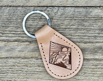Mountains and River - Handmade Leather Keychain - Engraved
