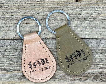 Handmade Leather Keychain - Grow in Grace -  Engraved