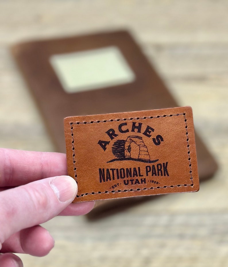 Handmade Leather Morale Patch Arches National Park Buck Brown Engraved Custom Morale Patch Gift