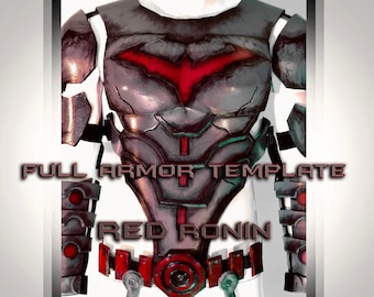 May include: A full body armor template for a Red Ronin costume. The armor is made of silver metal with red accents. The chest piece features a red bat symbol. The armor includes shoulder pads, arm guards, and a belt with a red buckle.