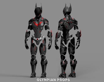 Könnte beinhalten: Ein schwarzes und rotes Superheldenkostüm mit fledermausförmiger Kapuze und Akzenten. Der Anzug verfügt über einen Werkzeuggürtel und wird von vorne und hinten gezeigt. Der Text "OLYMPIAN PROPS" befindet sich unten.