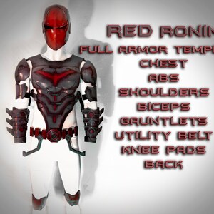 May include: Red Ronin full armour template, featuring a red and black chest piece, shoulder pads, gauntlets, utility belt, knee pads, and back piece. The armour is worn by a mannequin.