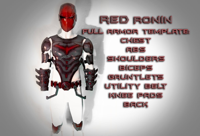 May include: Red Ronin full armour template, featuring a red and black chest piece, shoulder pads, gauntlets, utility belt, knee pads, and back piece. The armour is worn by a mannequin.