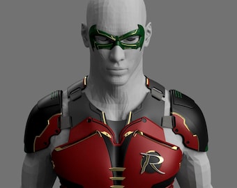 May include: A red, black, and gold superhero costume with a green mask. The costume has a large 'R' on the chest.