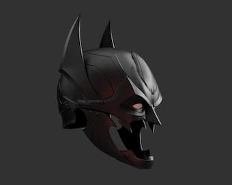 May include: A black Batman helmet with sharp, angular features and a menacing, open-mouthed design. The helmet has a red glow emanating from the eye area.