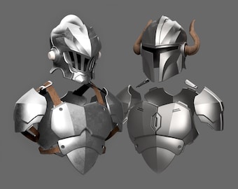May include: Two sets of silver-colored armor, each with a helmet and chest piece. One helmet has a visor and the other has horns. The armor appears to be made of metal and has a detailed design.