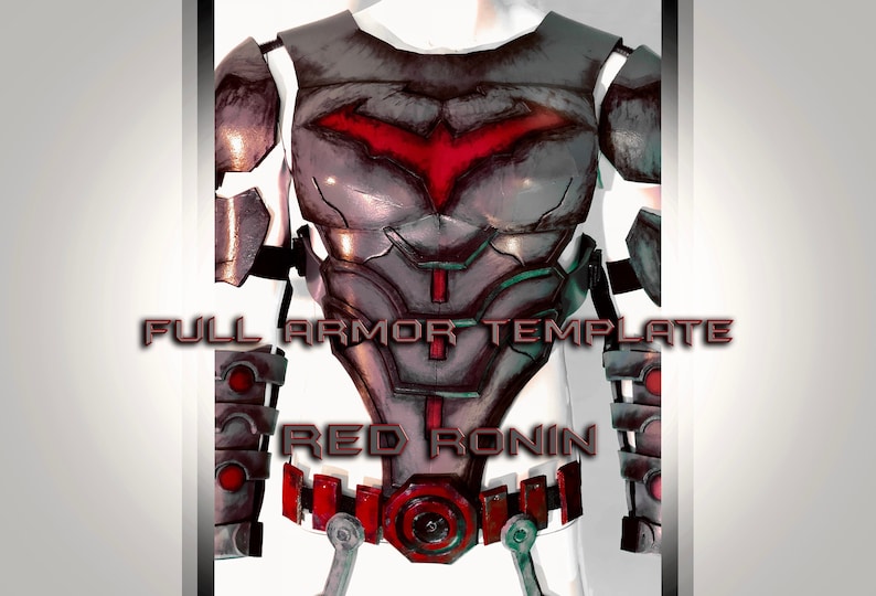May include: A full body armour template for a Red Ronin costume. The armour is made of silver metal with red accents. The chest piece features a red bat symbol. The armour includes shoulder pads, arm guards, and a belt with a red buckle.