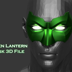 May include: A green 3D printed mask with glowing eyes. The mask is designed to look like the Green Lantern superhero.
