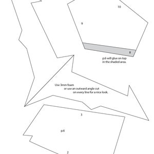 May include: Diagram showing how to assemble a pattern for a breastplate. The pattern includes six pieces, numbered 2 through 10. The instructions state to glue pieces 4, 5, and 6 together first, then glue them to piece 7. The instructions also state to use 3mm foam or an outward angle cut on every line for a nice look. The instructions also state that piece 6 will glue on top in the shaded area.