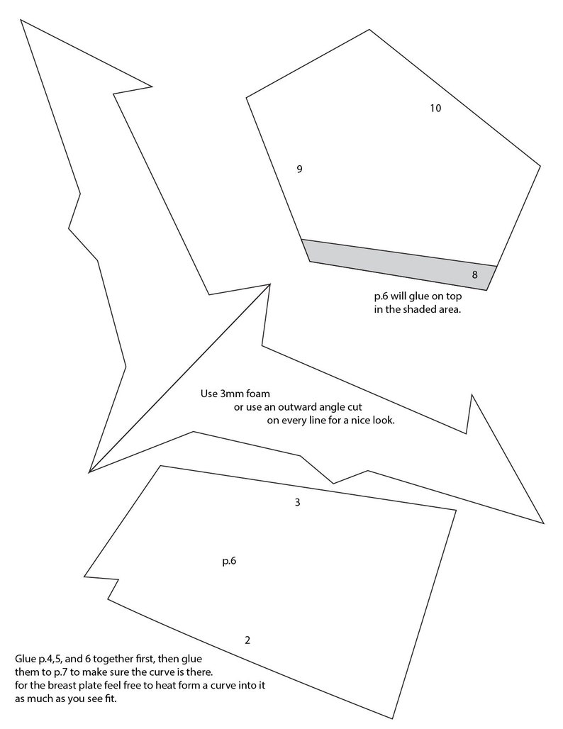 May include: Diagram showing how to assemble a pattern for a breastplate. The pattern includes six pieces, numbered 2 through 10. The instructions state to glue pieces 4, 5, and 6 together first, then glue them to piece 7. The instructions also state to use 3mm foam or an outward angle cut on every line for a nice look. The instructions also state that piece 6 will glue on top in the shaded area.