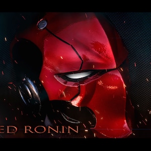 May include: A glossy red helmet with a distinctive design, featuring a prominent eye opening and a segmented structure. The text "RED RONIN" is displayed at the bottom. The background is dark with sparks.