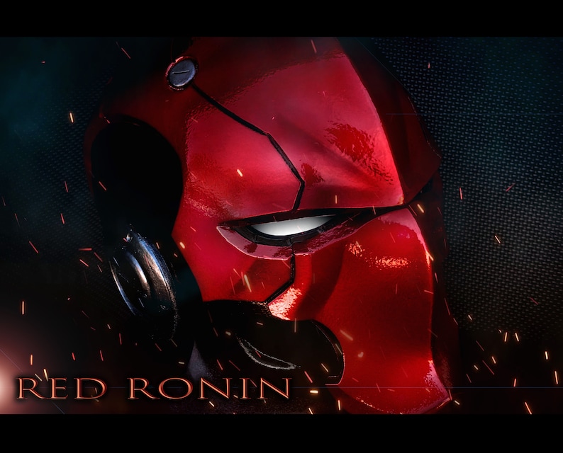 May include: A glossy red helmet with a distinctive design, featuring a prominent eye opening and a segmented structure. The text "RED RONIN" is displayed at the bottom. The background is dark with sparks.