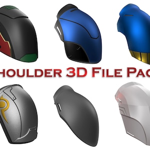 May include: A collection of six 3D-rendered shoulder armor designs in various colors, including black, blue, gray, and silver. The text "SHOULDER 3D FILE PACK" is displayed in red. These designs are likely for digital use.