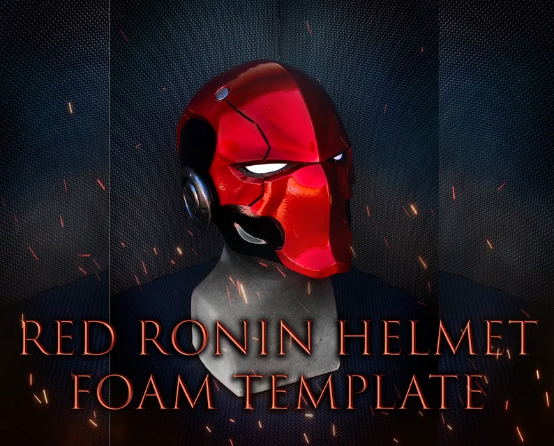 May include: A red and black Red Ronin helmet foam template. The helmet is displayed on a mannequin head. The text "RED RONIN HELMET FOAM TEMPLATE" is displayed in orange letters at the bottom of the image.