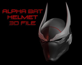 May include: A 3D printed model of a black and grey helmet with red accents. The helmet has two large, pointed ears and a visor. The text "ALPHA BAT HELMET 3D FILE" is displayed above the helmet.