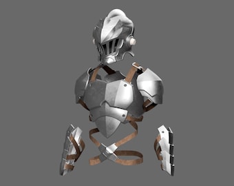 May include: A silver knight's armour set, including a helmet, chest piece, and arm guards, with brown leather straps. The armour has a metallic sheen and is designed with multiple plates for protection. The helmet features a visor.