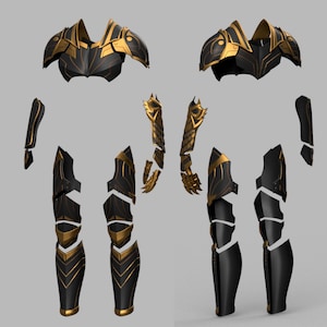 May include: A black and gold fantasy armour set, including chest, shoulder, arm, and leg pieces. The armour features intricate detailing and a metallic gold finish on the edges and accents. The pieces are arranged separately against a neutral background.