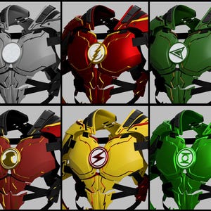 May include: Six futuristic chest armor designs in various colors: silver, red with a lightning bolt, green with a triangle, red with a gold circle, yellow with a lightning bolt, and green with a glowing circle. Each has black straps.