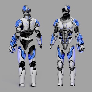 May include: A detailed robot suit in white, black, and blue. The design incorporates glowing blue circuit patterns on the arms, legs, and shoulders. The helmet has a visor, and the overall aesthetic suggests a futuristic, high-tech design.