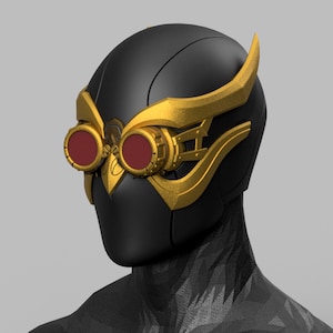 May include: A black helmet with gold-colored owl-like goggles and accents. The goggles have red lenses. The helmet is designed to fit the head and neck of a person.