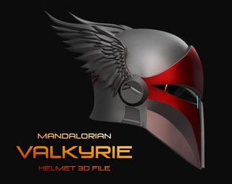 Könnte beinhalten: Ein 3D-Rendering eines Mandalorian Valkyrie-Helms. Der Helm ist hauptsächlich silberfarben mit roten Akzenten am Visier und einem flügelartigen Design an der Seite. Der Text "MANDALORIAN VALKYRIE HELMET 3D FILE" ist in Orange und Weiß dargestellt.