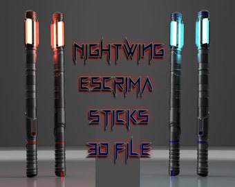 May include: Three pairs of black escrima sticks with glowing red, orange, and blue lights at the top. The sticks have a futuristic design and are labeled "Nightwing Escrima Sticks 3D File".