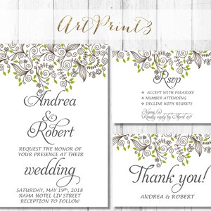 Suite de faire-part de mariage imprimable floral blanc gris vert, faire-part de mariage bohème faire-part de mariage floral, feuilles de mariage faire-part imprimable