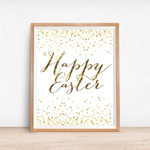 Happy Easter Print, Printable de Pâques, Signe de Pâques heureux, Impression de printemps, Décoration murale de Pâques, Art des confettis d’or, Décor de printemps, Impression numérique