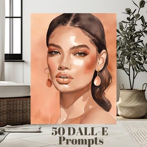 May include: A watercolor painting of a woman with long brown hair, wearing peach-colored earrings. She has a soft, natural makeup look with a warm, peach-toned background.