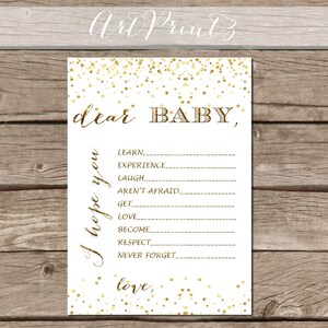 Caro bambino stampabile, auguri per il baby shower, giochi stampabili per il baby shower, biglietto stampabile per il baby shower con coriandoli dorati, auguri per il bambino stampabile
