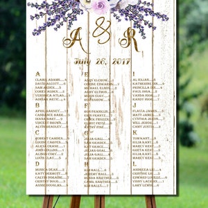Plan de table pour mariage doré imprimable, liste des invités au mariage bohème imprimable, plan de salle de mariage par ordre alphabétique, plan de salle de mariage floral